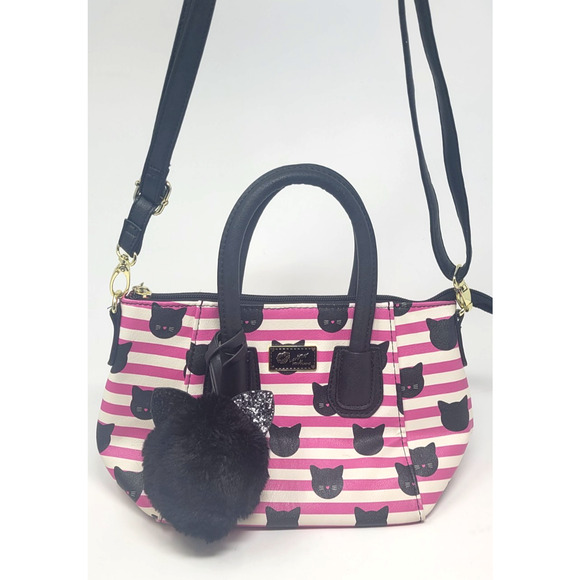 Luv Betsy by Betsy Johnson Black Cats Crossbody Purse Pink & White Stripes - Picture 1 of 6